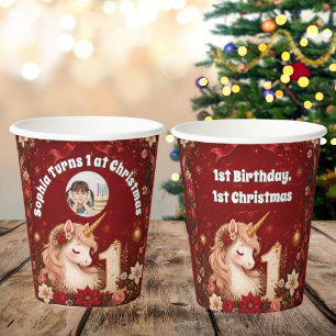 Gobelets En Papier Licorne de Noël Florale Rouge Anniversaire 1 an