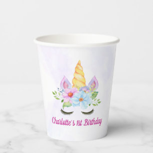 Gobelets En Papier Licorne Magique Anniversaire Fleur Aquarelle 1 an