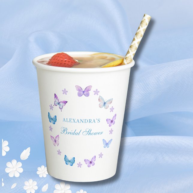 Gobelets En Papier Lilac Floral Bleu pourpre Fête des mariées papillo (Créateur téléchargé)