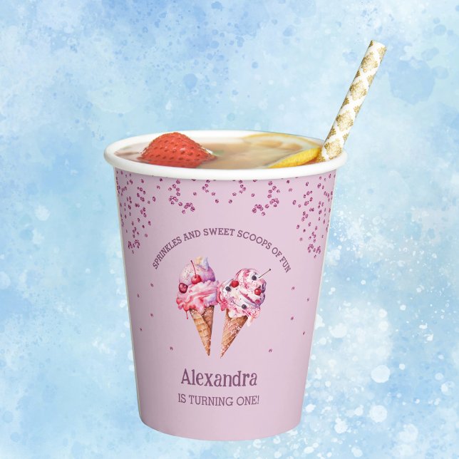 Gobelets En Papier Lilac Pink Girl Crème glacée 1ère fête d'anniversa (Créateur téléchargé)