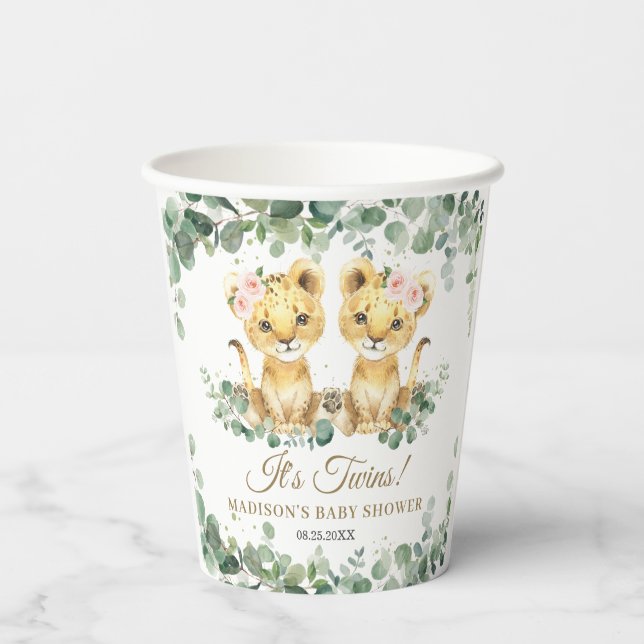 Gobelets En Papier Lion Cubs Greenery Twin Girls Baby Shower  (Verso)