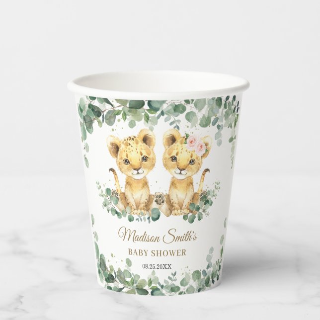 Gobelets En Papier Lion Cubs Greenery Twins Girl Boy Baby Shower  (Recto)
