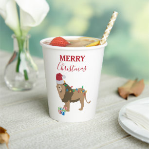 Gobelets En Papier Lion de Noël animal drôle avec chapeau de Père Noë