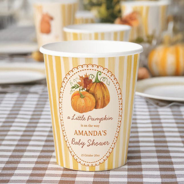 Gobelets En Papier Little pumpkin retro stripes baby shower monogram (Little pumpkin retro yellow stripes fall baby shower personalized printed paper cups)