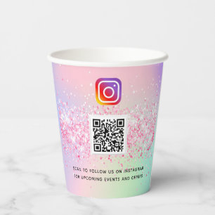 Gobelets En Papier Logo d'entreprise holographique rose qr code insta