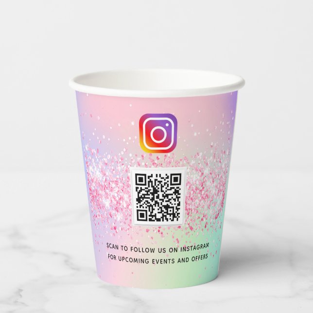 Gobelets En Papier Logo d'entreprise holographique rose qr code insta (Verso)