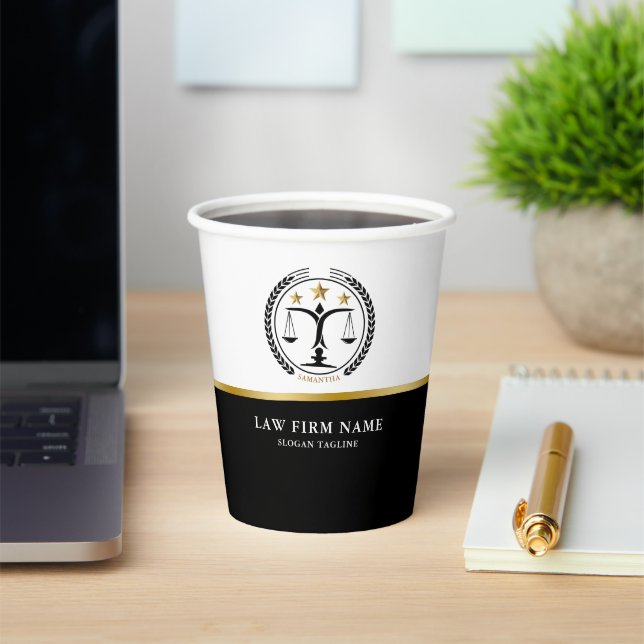Gobelets En Papier Logo Droit Justice Black White Gold (Insitu)