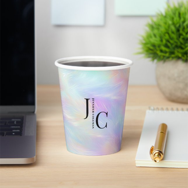 Gobelets En Papier Logo Monogramme moderne Iridescente Opal élégant (Insitu)