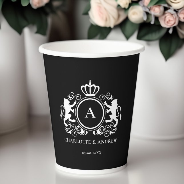 Gobelets En Papier logo spécifique du client Monogram Wappen Paper Cu (customer specific wedding logo Monogram Wappen black Paper Cups. with your name and date)