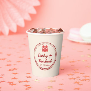 Gobelets En Papier Logo timbre double bonheur de mariage chinois rose
