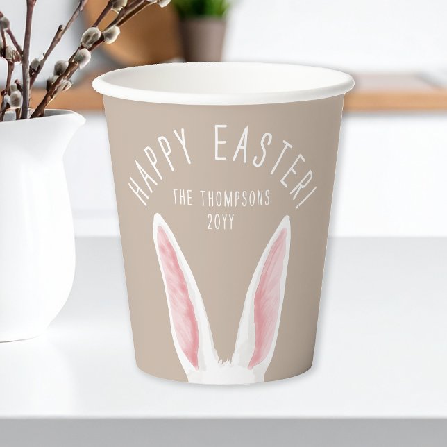 Gobelets En Papier Longues oreilles de lapin blanc sur fond beige Joy (Créateur téléchargé)