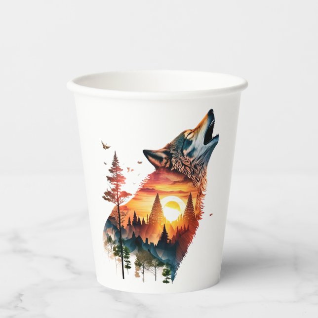Gobelets En Papier Loup hurlant double exposition coucher de soleil (Recto)