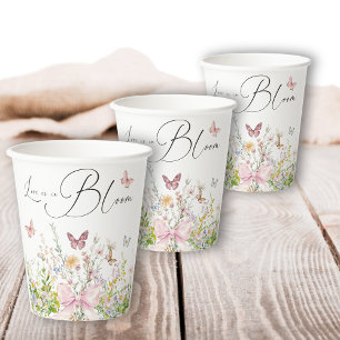 Gobelets En Papier Love in Boom Fleur Sauvage Rose Mariage Fête Prénu