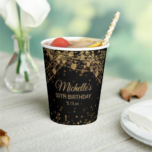 Gobelets En Papier Lumières à cordes en or noir pour anniversaire adu
