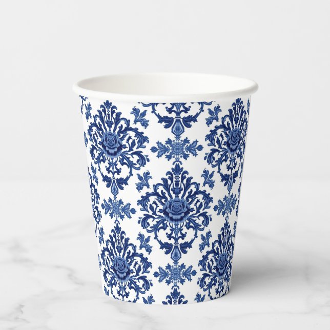 Gobelets En Papier Luxury Royal Blue and White Baroque Floral Pattern (Verso)