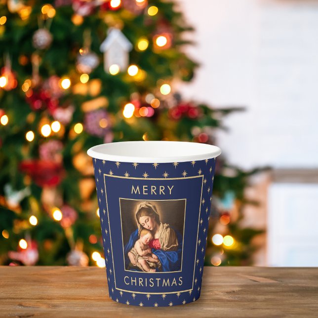 Gobelets En Papier Madonna & Child Fête traditionnelle de Noël (Religious Christmas paper cup with Madonna and Child in navy blue and gold)