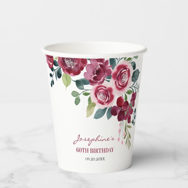Gobelets En Papier Magenta Pink Rose Floral Greenery Birthday (Verso)
