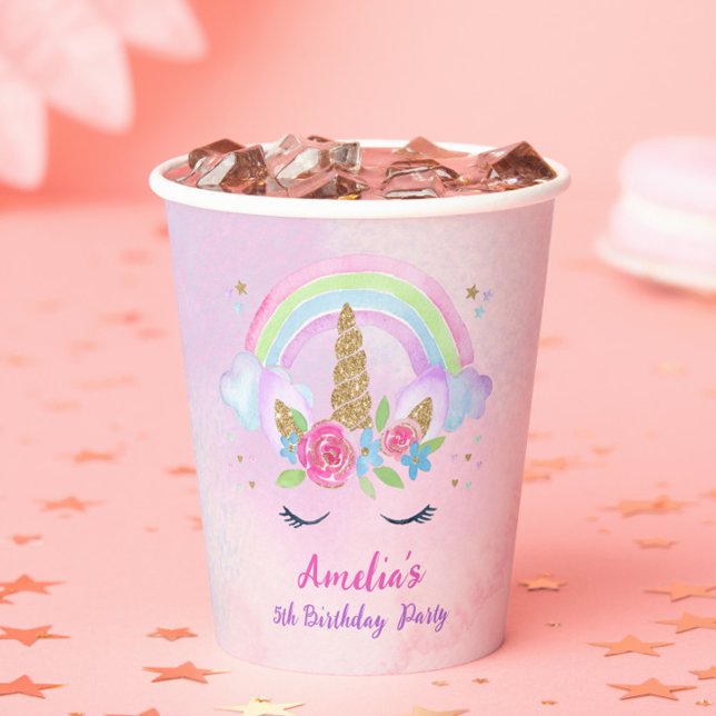 Gobelets En Papier Magique Unicorn Rainbow rose Anniversaire (Pink Magical Unicorn Pastel Rainbow Birthday Cups)