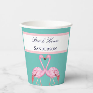 Gobelets En Papier Maison de plage Monogramme Flamants roses sarcelle