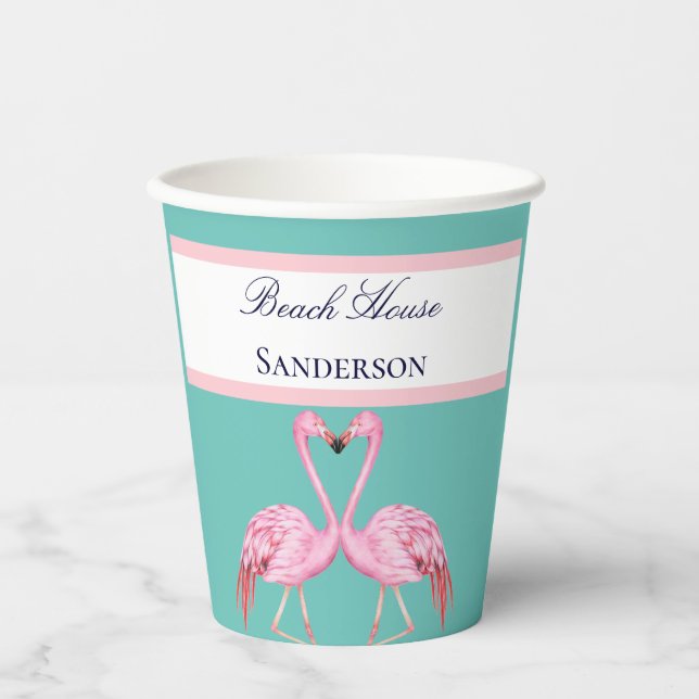 Gobelets En Papier Maison de plage Monogramme Flamants roses sarcelle (Recto)