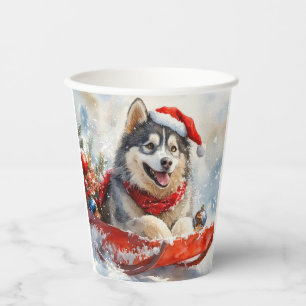 Gobelets En Papier Malamute d'Alaska en traîneau Qu'il neige Noël