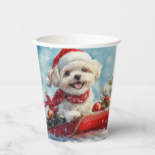 Gobelets En Papier Malti Tzu Chien en Traîneau Qu'il neige Noël