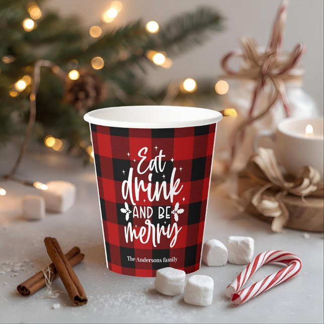 Gobelets En Papier Manger, boire et être joyeux Plaid Rouge Buffle (Créateur téléchargé)