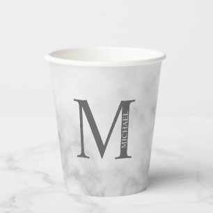 Gobelets En Papier Marbre blanc Monogramme personnalisé et nom