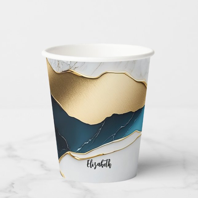 Gobelets En Papier Marbre de pierre de turquoise blanche Cool or (Recto)