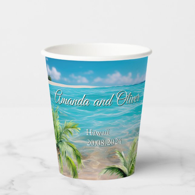 Gobelets En Papier Marées Turquoise Tropical Palm Tree Beach Mariage (Recto)