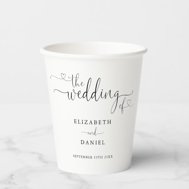 Gobelets En Papier Mariage à cœur noir et blanc en écriture script (Recto)