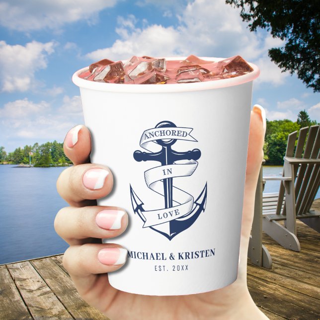 Gobelets En Papier Mariage à l'ancre blanche nautique  (Anchored in Love Nautical Blue Anchor Wedding Paper Cups
)