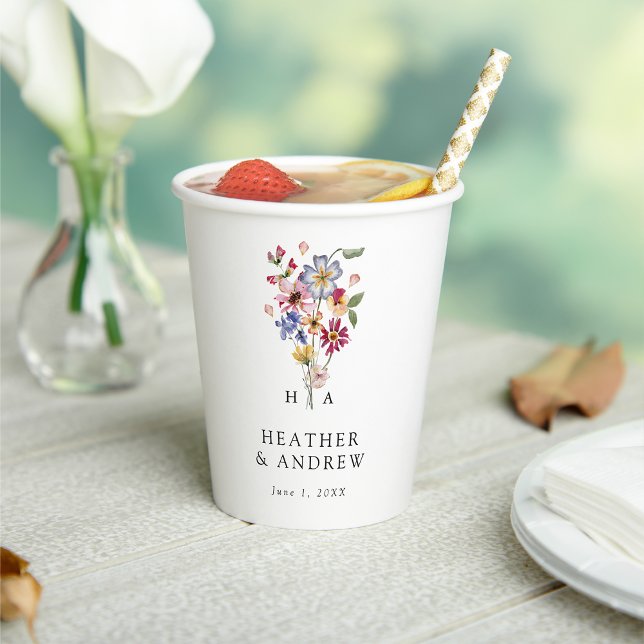 Gobelets En Papier Mariage aux fleurs sauvages (Colorful Wildflower Wedding Paper Cups Monogrammed by Painted Paperie
)