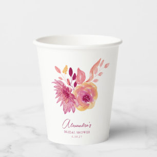 Gobelets En Papier Mariage Bohème Chic Fleurs Roses Personnalisé