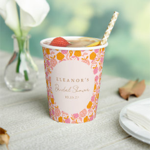 Gobelets En Papier Mariage Bohème Rose Orange Floral Douce Personnali