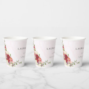 Gobelets En Papier Mariage Boho rouge rose vif Fleurs blanches