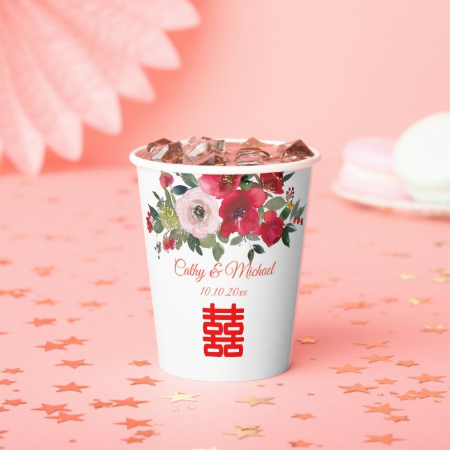 Gobelets En Papier Mariage chinois moderne floral aquarelle rose roug (Insitu)