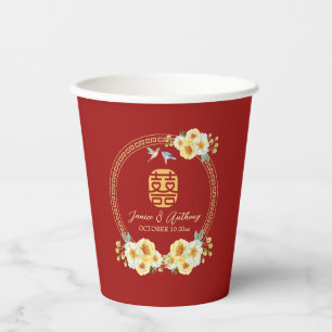 Gobelets En Papier Mariage chinois oiseau floral rouge