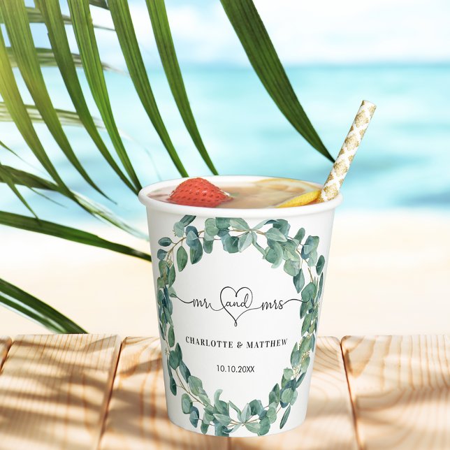 Gobelets En Papier Mariage coeur de monsieur madame eucalyptus verdur (Créateur téléchargé)