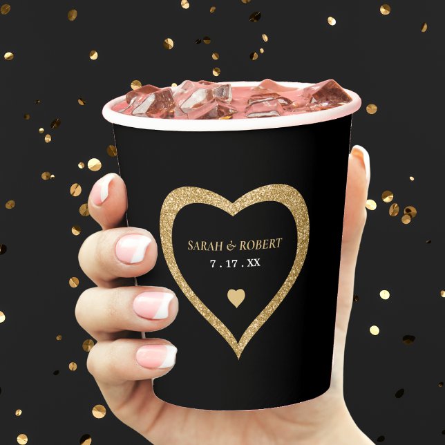 Gobelets En Papier Mariage coeur pailleté noir et or (Black & Gold Glitter Heart Wedding Paper Cups)