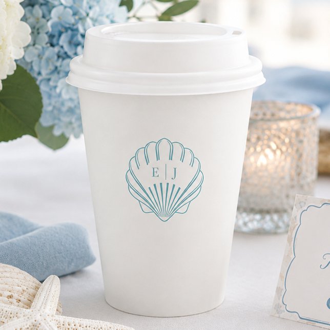 Gobelets En Papier Mariage Coquillage Bleu de la Côte  (Blue Coastal Seashell Wedding  Paper Cups)