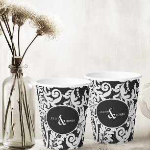Gobelets En Papier Mariage damassé florale moderne noir & blanc éléga
