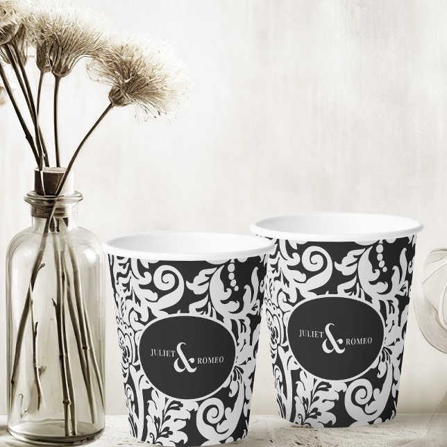 Gobelets En Papier Mariage damassé florale moderne noir & blanc éléga (elegant black and white paper cups for wedding)