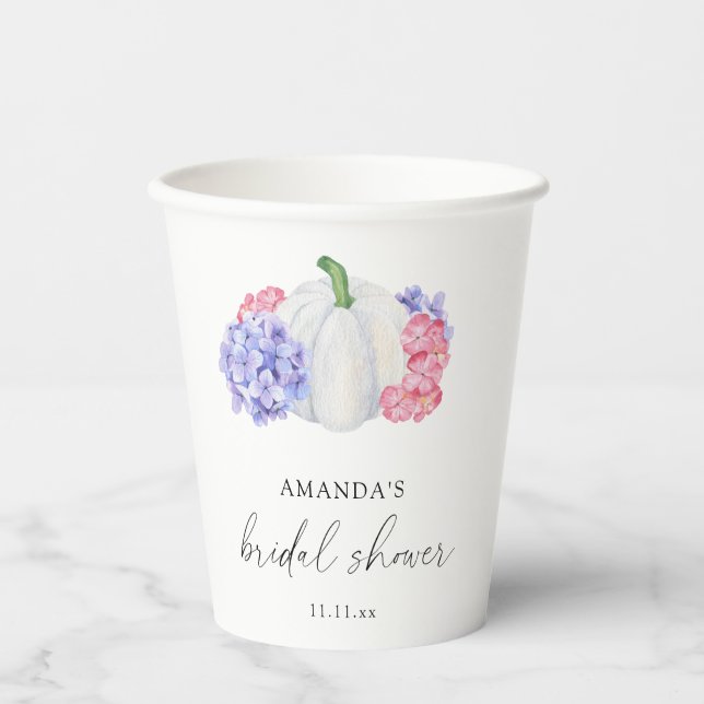 Gobelets En Papier Mariage de citrouille blanche et de fleurs d'horte (Recto)