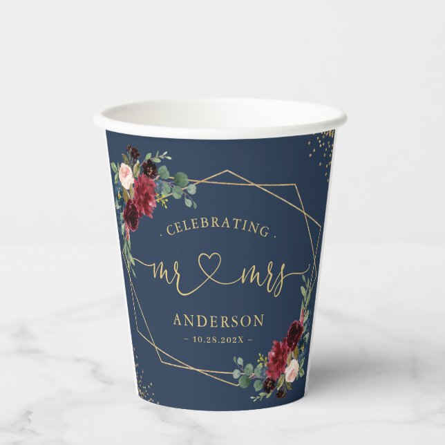 Gobelets En Papier Mariage de la mariée et du marié en bleu marine et (Recto)