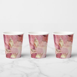 Gobelets En Papier Mariage de Rêve Rose Pâle et Feuilles Dorées