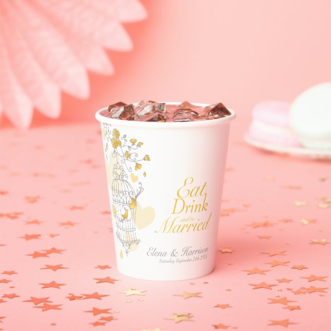 Gobelets En Papier Mariage de volière jaune nom personnalisé gris bla (Insitu)