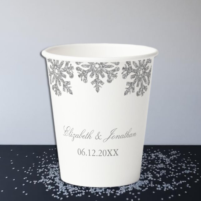 Gobelets En Papier Mariage d'hiver flocon de neige argenté (Créateur téléchargé)