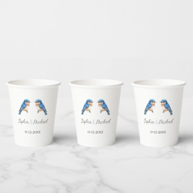 Gobelets En Papier Mariage d'oiseaux d'amour bleus (Multi)