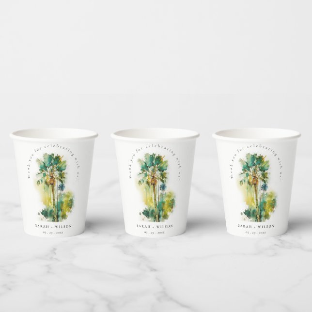 Gobelets En Papier Mariage Dusky Green Tropical Aquarelle Palm Trees (Multi)